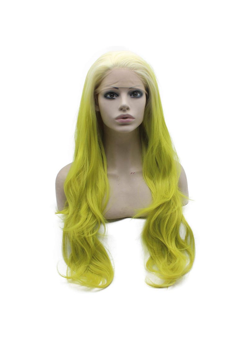 MX angel Mxangel Long Wavy Synthetic Lace Front Light Blond Yellow Green Ombre Wig Glueless Half Hand Tied Cosplay 