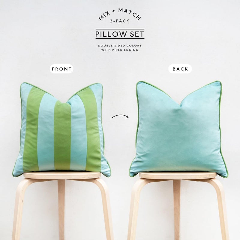 MONDAY MOOSE Decorative Throw Pillow Covers Cushion Cases, Set of 2 Soft Velvet Striped Piping Edge Designs, Pillow Inserts Not Included (20x20 inch, Light Green/Light Blue) - Image 4