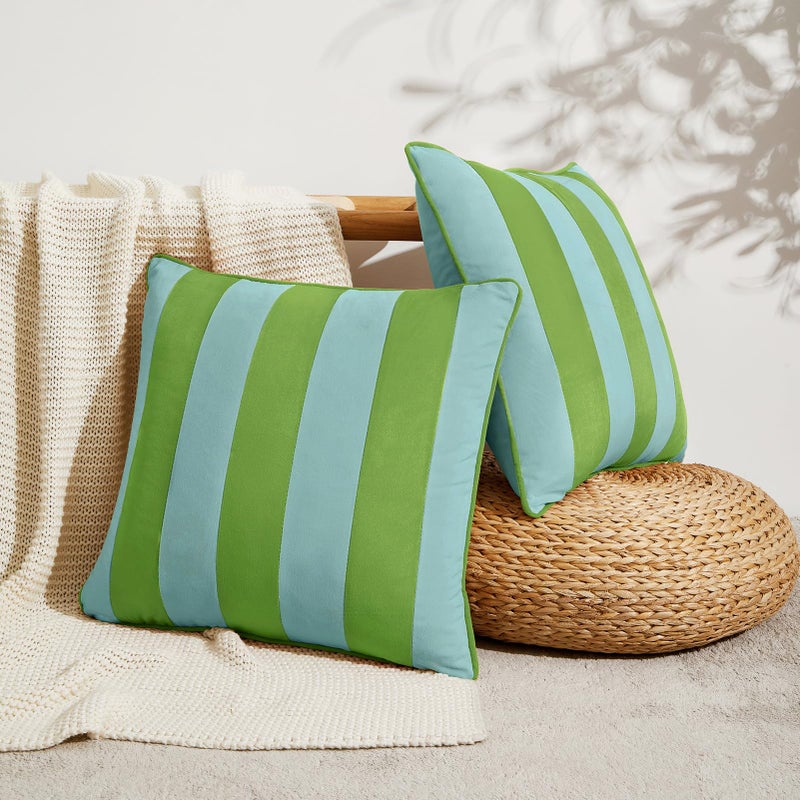 MONDAY MOOSE Decorative Throw Pillow Covers Cushion Cases, Set of 2 Soft Velvet Striped Piping Edge Designs, Pillow Inserts Not Included (20x20 inch, Light Green/Light Blue) - Image 3