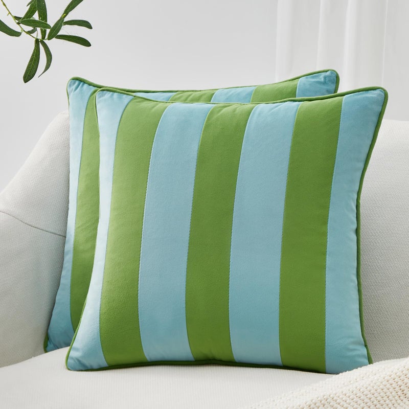 MONDAY MOOSE Decorative Throw Pillow Covers Cushion Cases, Set of 2 Soft Velvet Striped Piping Edge Designs, Pillow Inserts Not Included (20x20 inch, Light Green/Light Blue) - Image 2