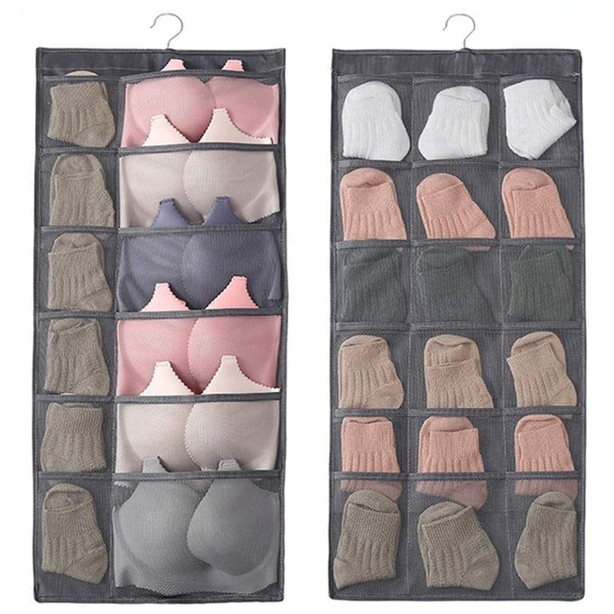 DOUBLE SIDED 30 POCKETS CLEAR HANGING BAG FABRIC BRASS FINISH SOCKS BRA UNDERWEAR RACK HANGER STORAGE ORGANIZER WALL HANGING CLOSET SHELVES STORAGE POCKETS GREY