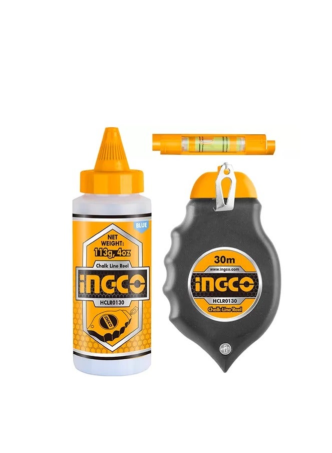 INGCO INGCO Chalk Line Reel Set HCLR0130 – 30 m Chalk Reel with Bottle Chalk & Spirit Bubble - Image 1