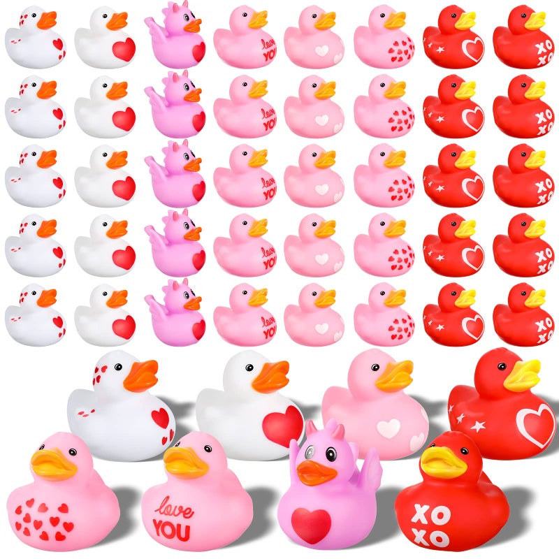 Leitee 48 Pieces Valentine Rubber Ducks Mini Heart Rubber Ducks Bulk Red and Pink Valentine Party Favors for Birthday Decoration 8 Styles - Image 3
