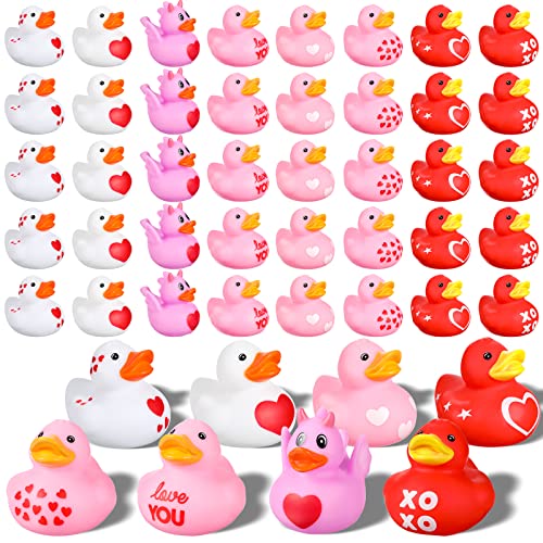 Leitee 48 Pieces Valentine Rubber Ducks Mini Heart Rubber Ducks Bulk Red and Pink Valentine Party Favors for Birthday Decoration 8 Styles - Image 1