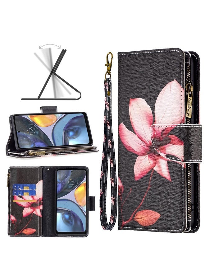 HuHa For Motorola Moto G22 Colored Drawing Pattern Zipper Leather Phone Case(Lotus)  - Image 1