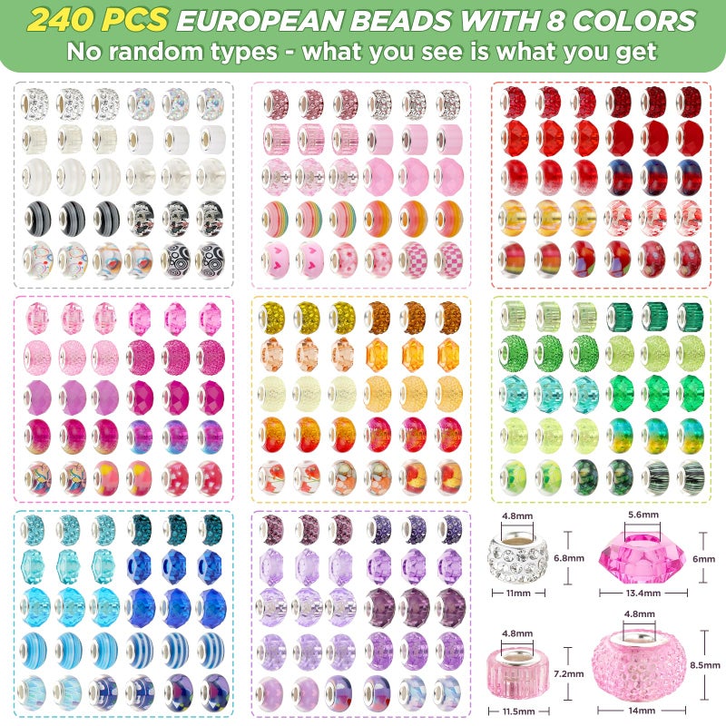 Funtopia 240 Pcs Large Hole Beads, Funtopia 40 Grids Rainbow European Beads for Crafts, Colorful Spacer Bead for Jewelry Making, DIY Charm Bracelets Necklaces Pens and Decorative Crafts, for Girls and Adults - Image 2