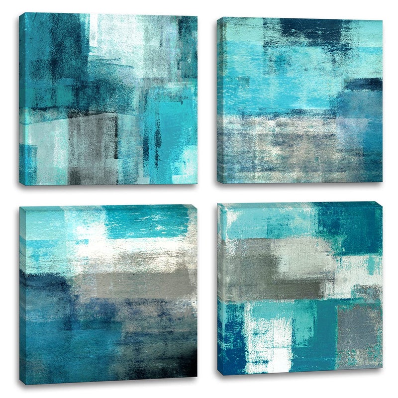 DYYJ Abstract Wall Art Canvas Turquoise and Grey Abstract Art Painting 12x12 inches 4 Pieces Canvas Prints for Bedroom Living Room Office