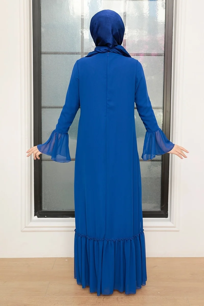 Neva Style - Sax Blue Hijab Dress with Flounce at Sleeve End 5729SX