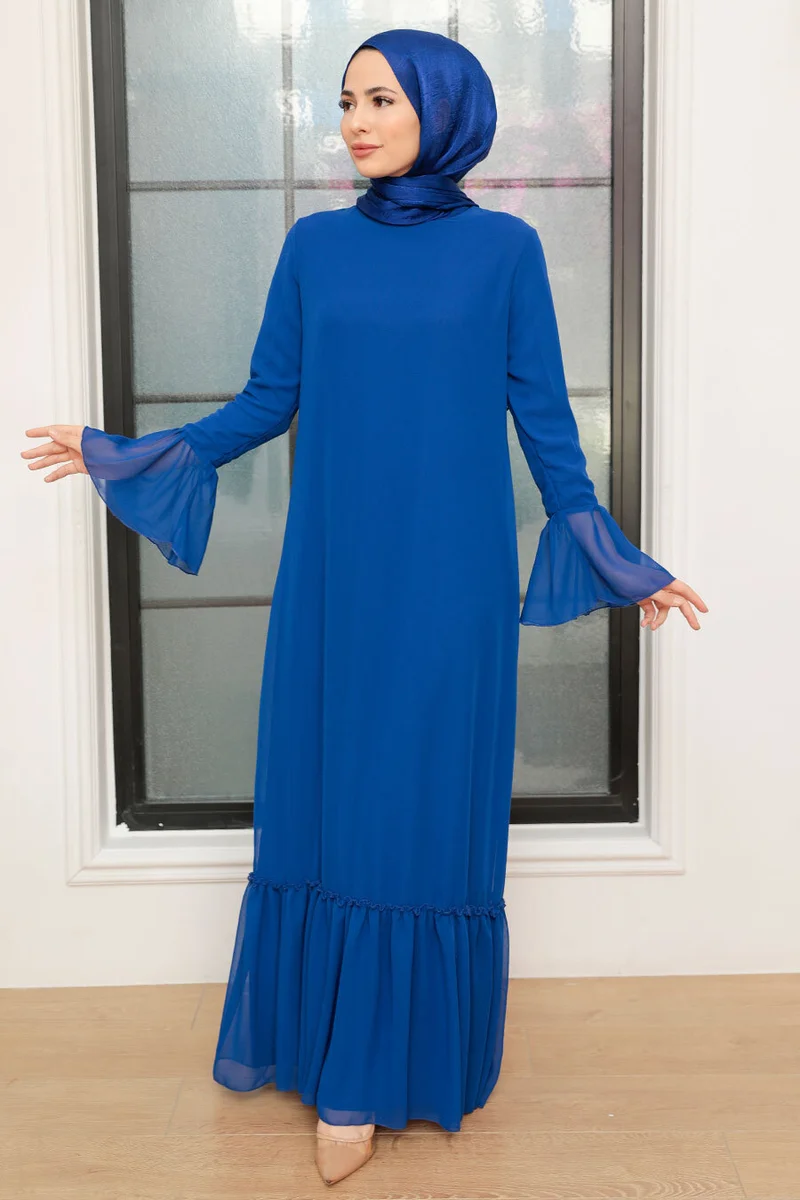 Neva Style - Sax Blue Hijab Dress with Flounce at Sleeve End 5729SX