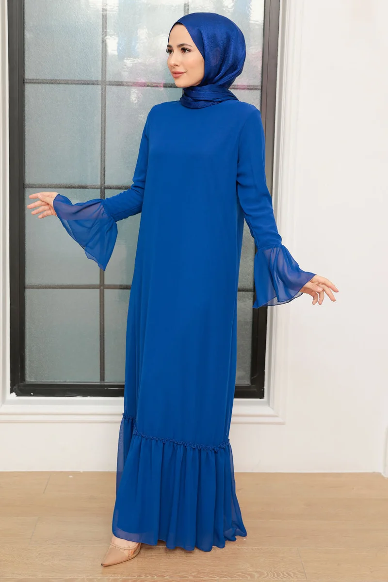 Neva Style - Sax Blue Hijab Dress with Flounce at Sleeve End 5729SX
