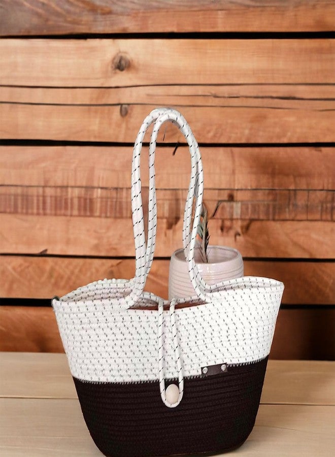 DYARCHY Attractive Hand Bag | Extra large Tote Bag | Summer Bag | Bucket Bag | Basket Bag | Bamboo Tote | Beach Bags for Women | Boho Bag | Kauna Bag | Handbag | Jute Bag | Handmade Bag (BLACK & WHITE) - Image 3