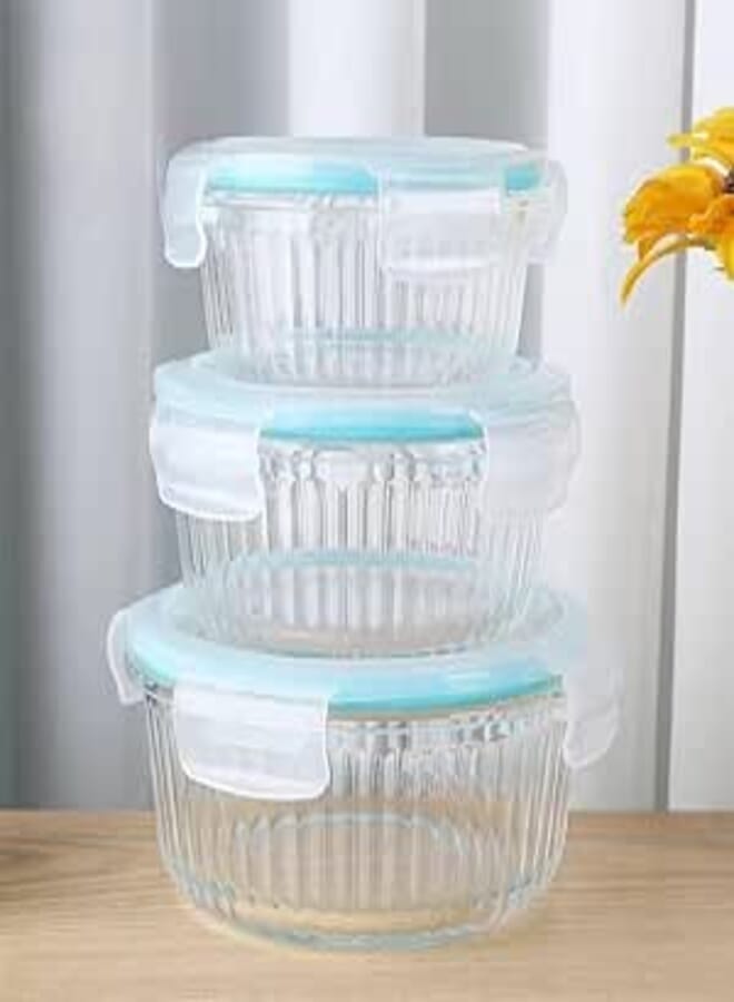 Generic Glass Food Storage Containers with Airtight Lids, Round Ribbed Design, Set of 3 (900ml, 600ml, 300ml) .ho