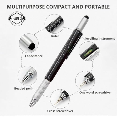 Faded 6-in-1 MultiTool Pen Set | All-in-One Ballpoint Pens with Stylus, Ruler, Level, Flat & Phillips Screwdrivers | Compact & Versatile Tool Pens (Pack of 2) - Image 2