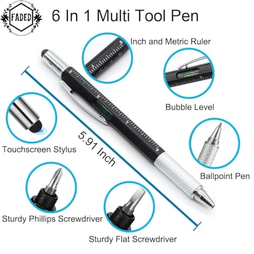 Faded 6-in-1 MultiTool Pen Set | All-in-One Ballpoint Pens with Stylus, Ruler, Level, Flat & Phillips Screwdrivers | Compact & Versatile Tool Pens (Pack of 2) - Image 3