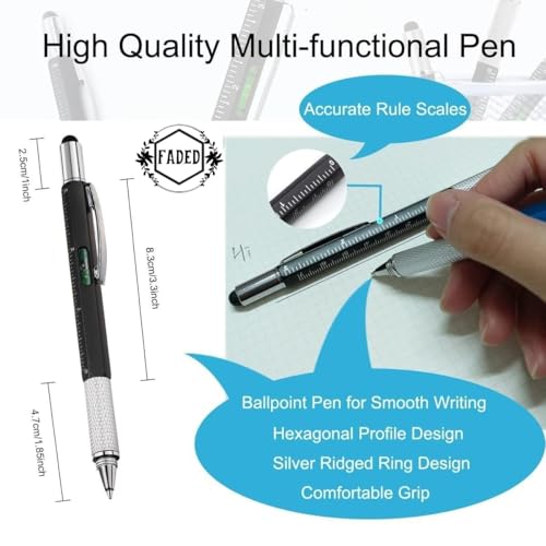 Faded 6-in-1 MultiTool Pen Set | All-in-One Ballpoint Pens with Stylus, Ruler, Level, Flat & Phillips Screwdrivers | Compact & Versatile Tool Pens (Pack of 2) - Image 4