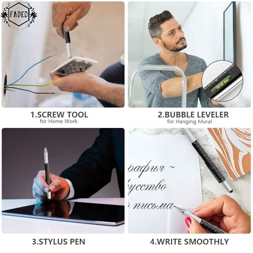 Faded 6-in-1 MultiTool Pen Set | All-in-One Ballpoint Pens with Stylus, Ruler, Level, Flat & Phillips Screwdrivers | Compact & Versatile Tool Pens (Pack of 2) - Image 5