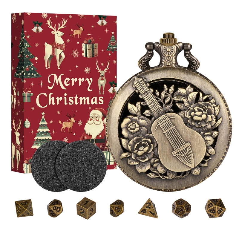 Keller & Weber Mini DND Dice Set with Steampunk Hollow Bard Pocket Watch Shell Case 7 PCS Metal Polyhedral DD Dice Set Xmas Gift with Gift Box Role Playing Board Game Accessories Bronze - Image 3