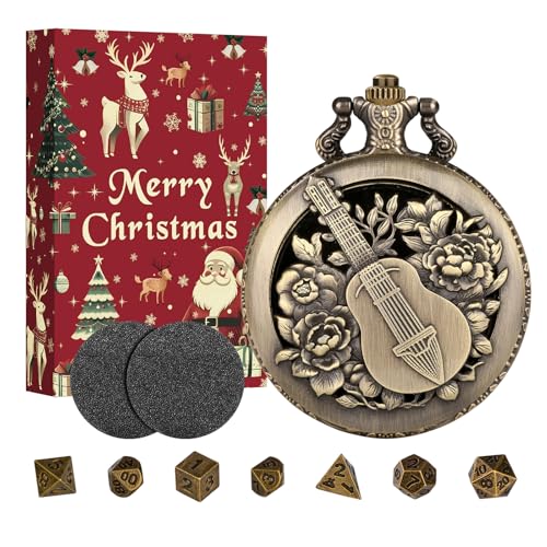 Keller & Weber Mini DND Dice Set with Steampunk Hollow Bard Pocket Watch Shell Case 7 PCS Metal Polyhedral DD Dice Set Xmas Gift with Gift Box Role Playing Board Game Accessories Bronze - Image 1