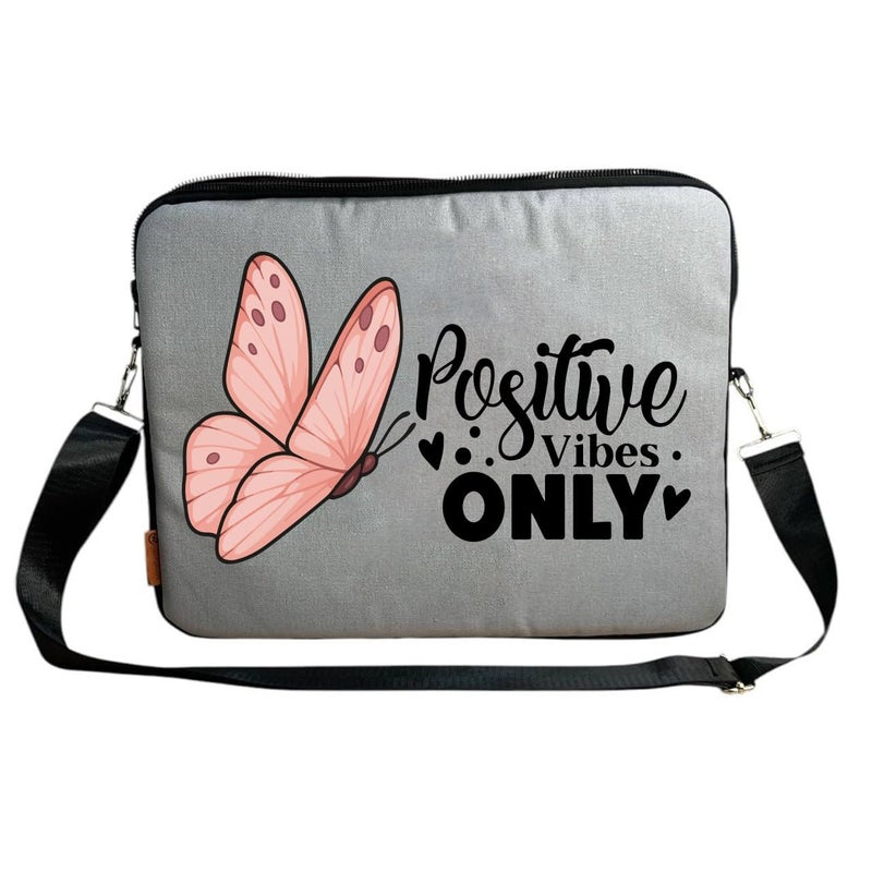 Laptop bag,13 inch laptop case-grey- One sided printing with motivational quotes-focus on positive - Gift for her, Formal bag, We print your gift (Positive vibes only)