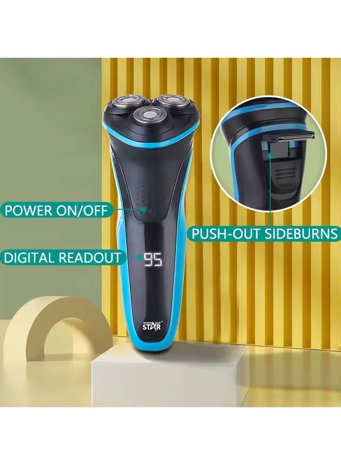 WINNING STAR Rechargeable Electric Shaver | 3-Blade Floating Rotary Razor 14500 Lithium Battery | Pop-Up Trimmer | LCD Digital Display | Waterproof | USB Fasting Charge | Travel Lock | Black*Blue - Image 3