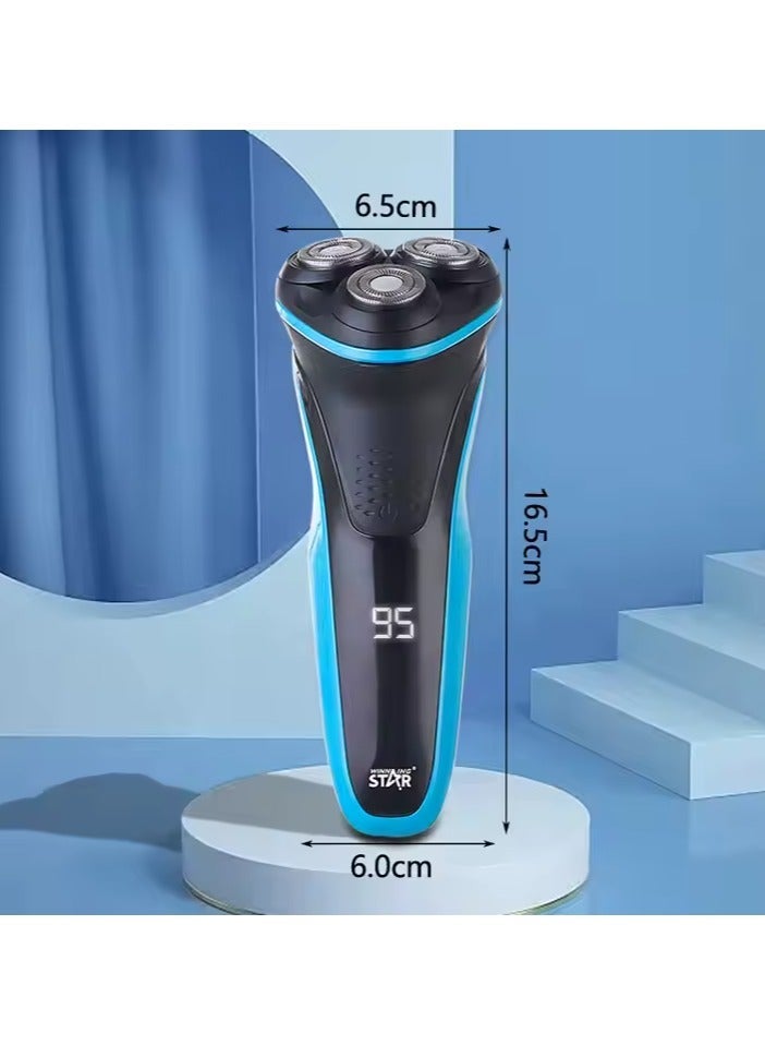 WINNING STAR Rechargeable Electric Shaver | 3-Blade Floating Rotary Razor 14500 Lithium Battery | Pop-Up Trimmer | LCD Digital Display | Waterproof | USB Fasting Charge | Travel Lock | Black*Blue - Image 4