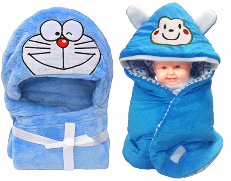 BRANDONN Newborn Combo of Furry Glacier Hooded Smily Baby Blanket and Premium Glacier Hooded Baby Wrapper(Pack of 2, Blue) - Image 1