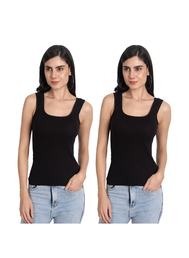 Aimly Women's Cotton Sleeveless Camisole Slip Pack of 2 U-Shape Neck, Wide Straps, Soft Stretchable Micro Cotton Lounge, Active & Daily Wear-Black - Image 1