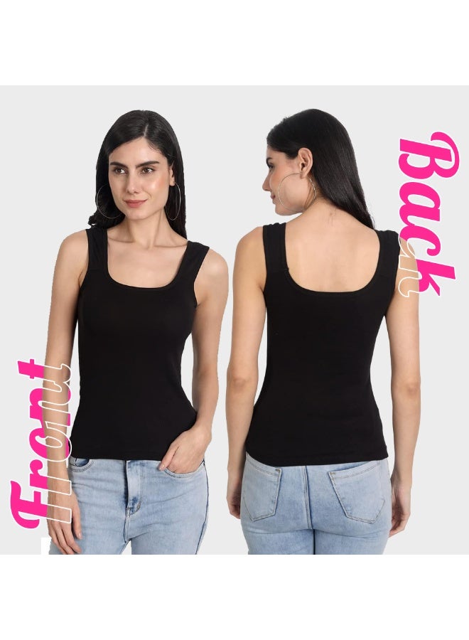 Aimly Women's Cotton Sleeveless Camisole Slip Pack of 2 U-Shape Neck, Wide Straps, Soft Stretchable Micro Cotton Lounge, Active & Daily Wear-Black - Image 3
