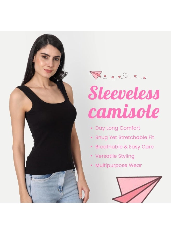 Aimly Women's Cotton Sleeveless Camisole Slip Pack of 2 U-Shape Neck, Wide Straps, Soft Stretchable Micro Cotton Lounge, Active & Daily Wear-Black - Image 2