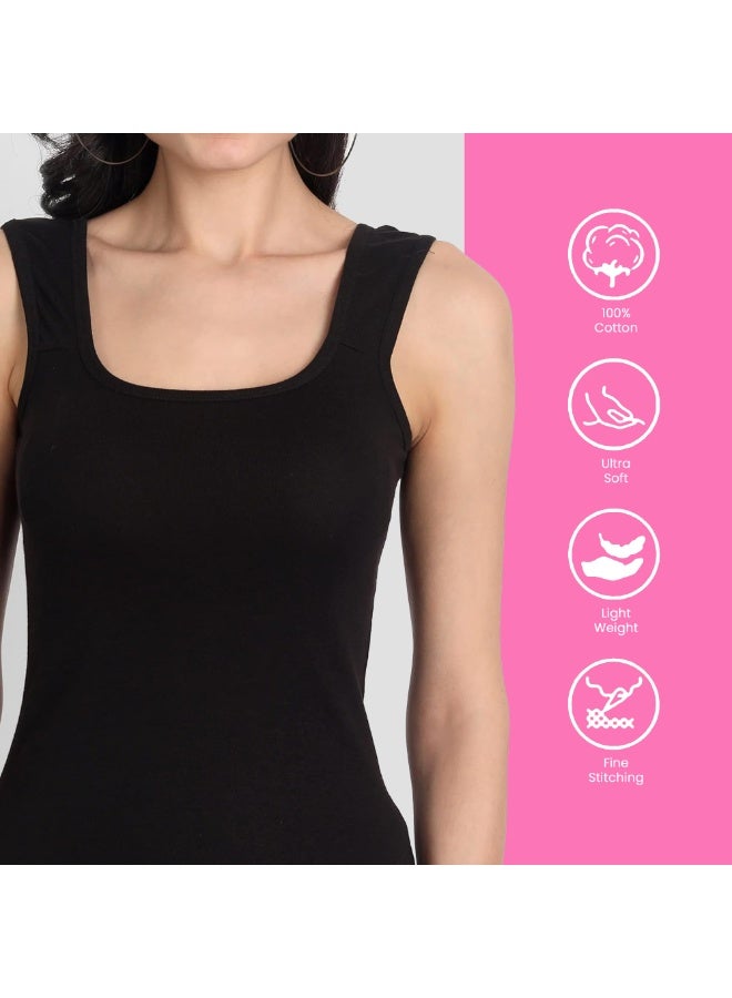 Aimly Women's Cotton Sleeveless Camisole Slip Pack of 2 U-Shape Neck, Wide Straps, Soft Stretchable Micro Cotton Lounge, Active & Daily Wear-Black - Image 5