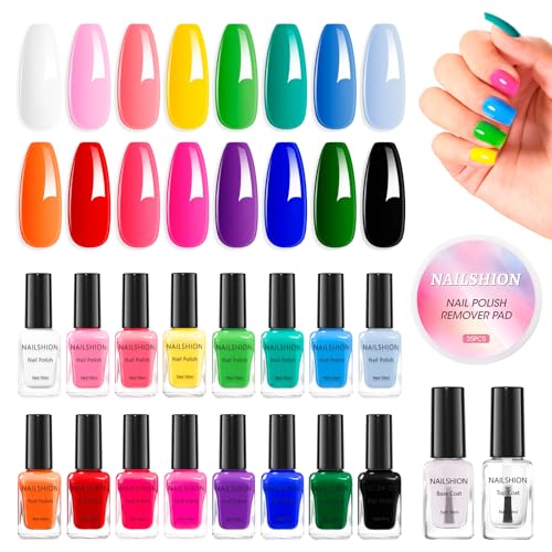 Nailshion Nail Polish 10ml 16 Colors Rainbow Air Dry Regular Nail Polish Set with Base Top Coat Remover Pads White Red Classic French Fingernail Polishes Nongel Bulk Gift for Nail Art Lovers - Image 1