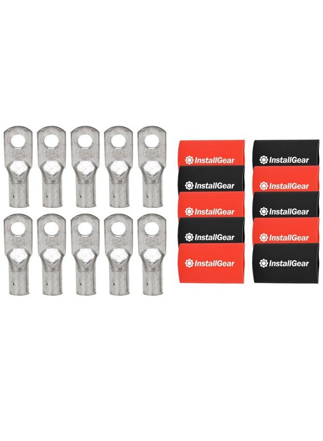 InstallGear 1/0 Gauge AWG Tinned Pure Copper Lugs Ring Terminals Connectors with Heat Shrink, 10-Pack - 1/0 Ring Terminal - Electrical Connectors, Heat Shrink Wire Connectors for 1/0 Gauge Wire - Image 1
