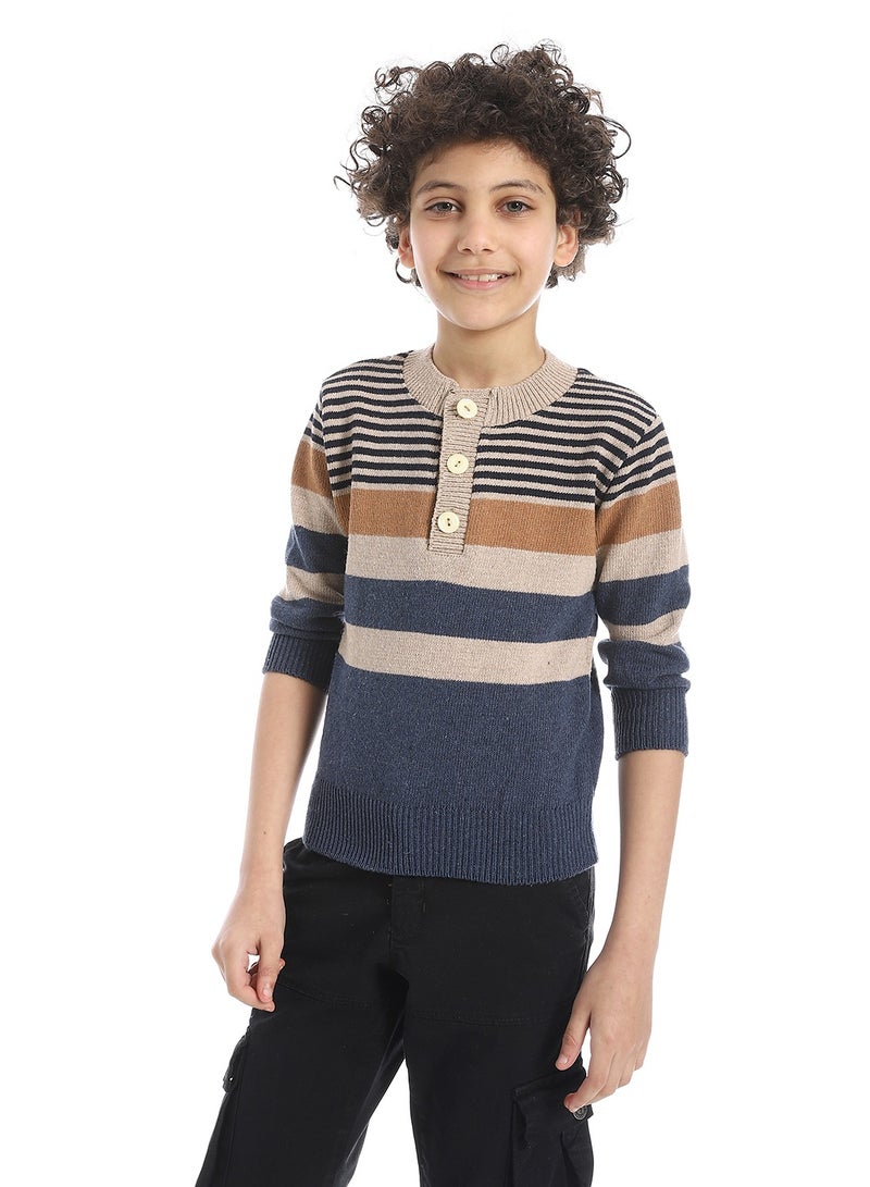 Andora Crew Neck Striped Boys Pullover_Beige & Navy Blue - Image 1