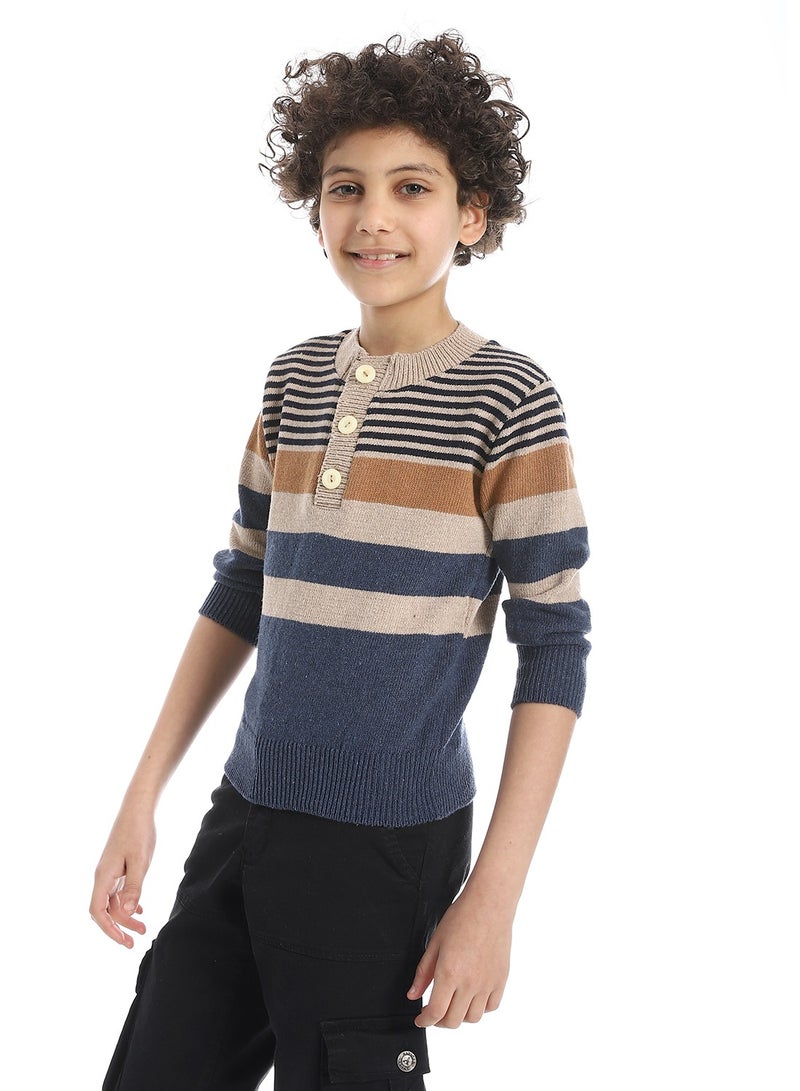 Andora Crew Neck Striped Boys Pullover_Beige & Navy Blue - Image 2