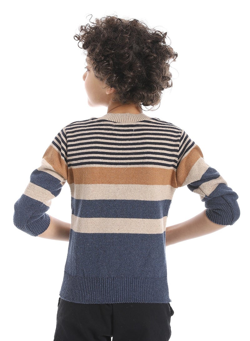 Andora Crew Neck Striped Boys Pullover_Beige & Navy Blue - Image 3