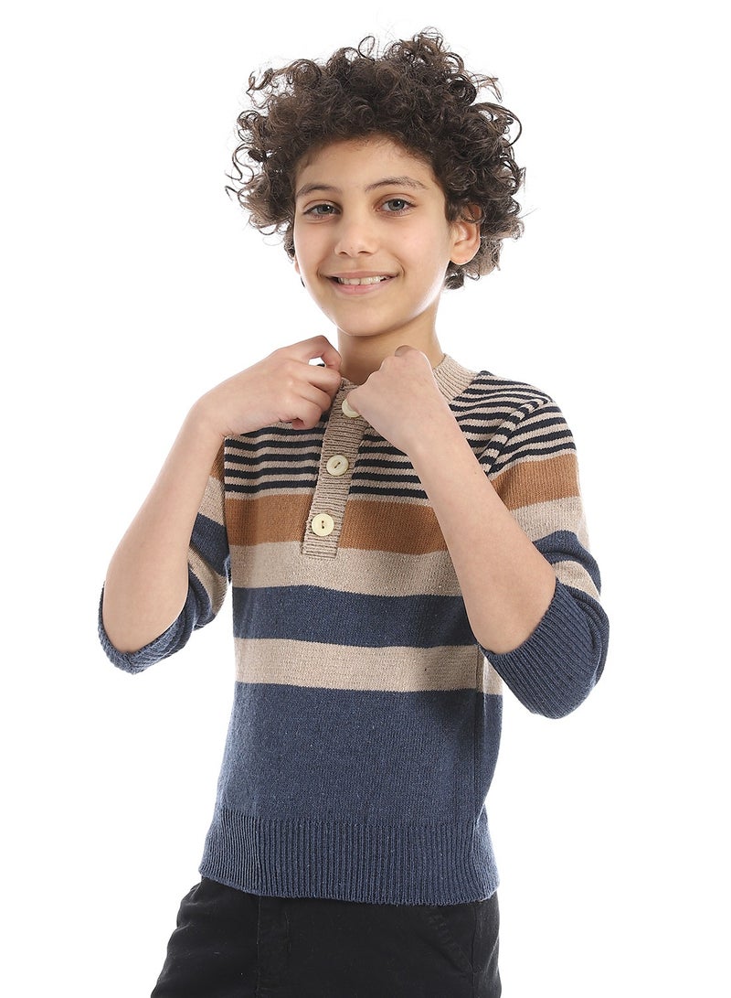 Andora Crew Neck Striped Boys Pullover_Beige & Navy Blue - Image 4