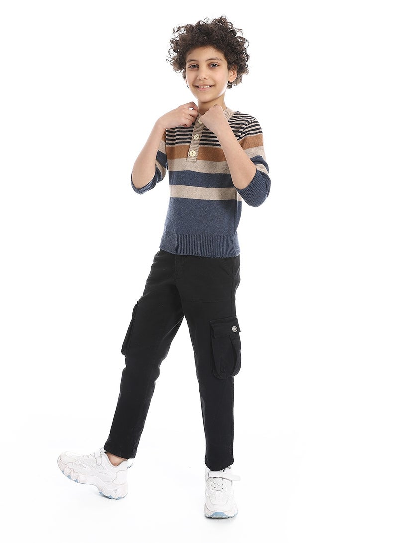 Andora Crew Neck Striped Boys Pullover_Beige & Navy Blue - Image 5