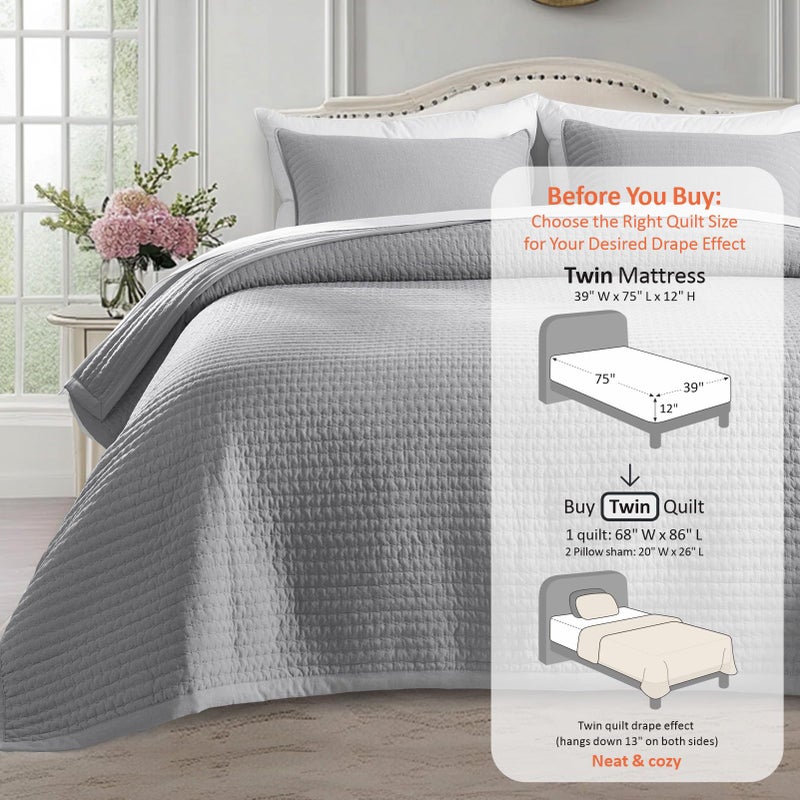 KASENTEX Twin Quilt Set 68"x86" - Soft Washed 3-Layer Lightweight Bedspread, Minimalist Nordic Design, All-Season Spring & Summer Quilt Set (1 Quilt + 2 Pillow Shams), Solid Grey - Image 3