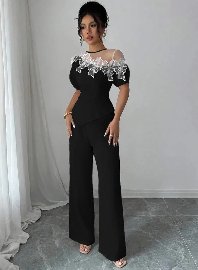 Take Two Black Lace Insert Asymmetric Top and Pants Set
