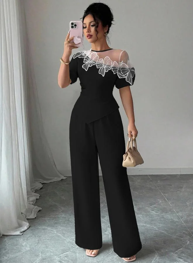 Take Two Black Lace Insert Asymmetric Top and Pants Set