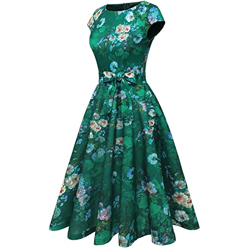 DRESSTELLS Cocktail Dress, Green Floral Wedding Guest Dresses for Women, Vintage Holiday Party Dress, Formal Modest Church Dress Green Flower XL - Image 3