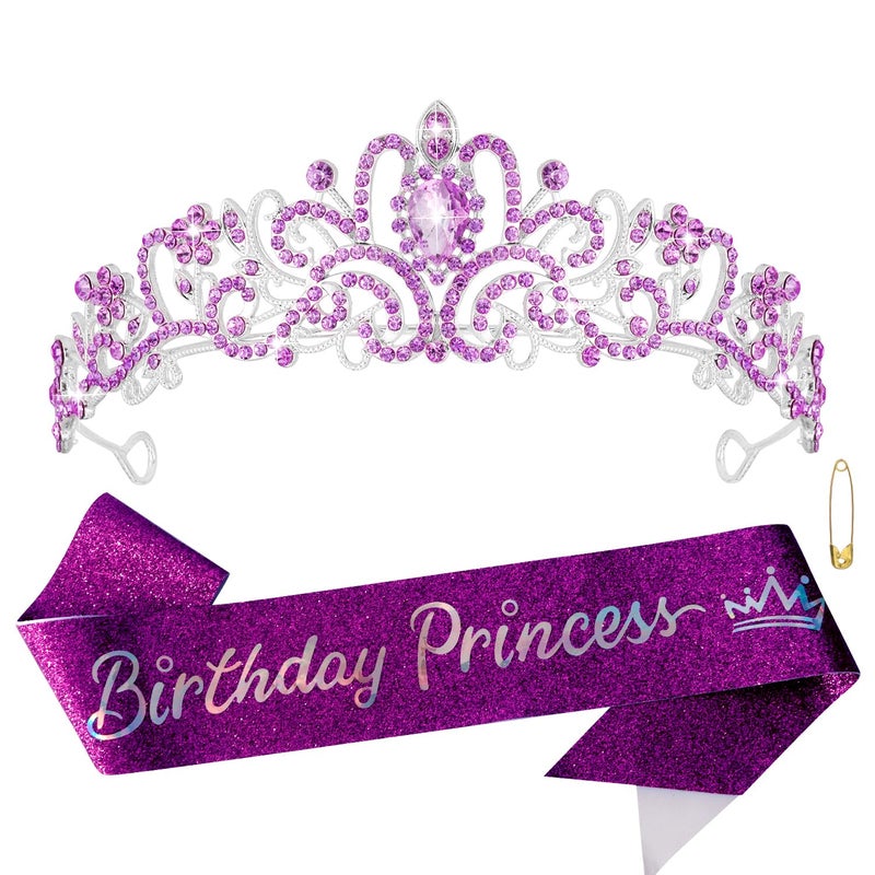 Birthday Crown and Sash Set Birthday Girls Purple Princess Tiara Queen Crowns Crystal Tiara Women Rhinestone Tiara Birthday Headband Happy Birthday Decorations Party Cosplay Gifts