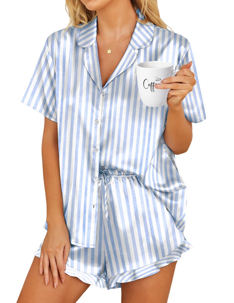 HOTOUCH Womens Silk Satin Pajamas Set Button Down Short Sleeve Sleepwear Set 2 Piece Ruffled Pjs Blue Striped, L - Image 1