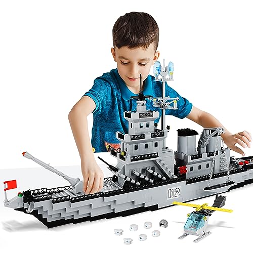 TOY PLAYER WW2 Military Battleship Building Block Set LargeSizedCruiser Toy Military Battle Ship Toy with Helicopter and City Lifeboat A Gift Compatible with Lego Sets for Boys 814 Adults 910pcs - Image 1