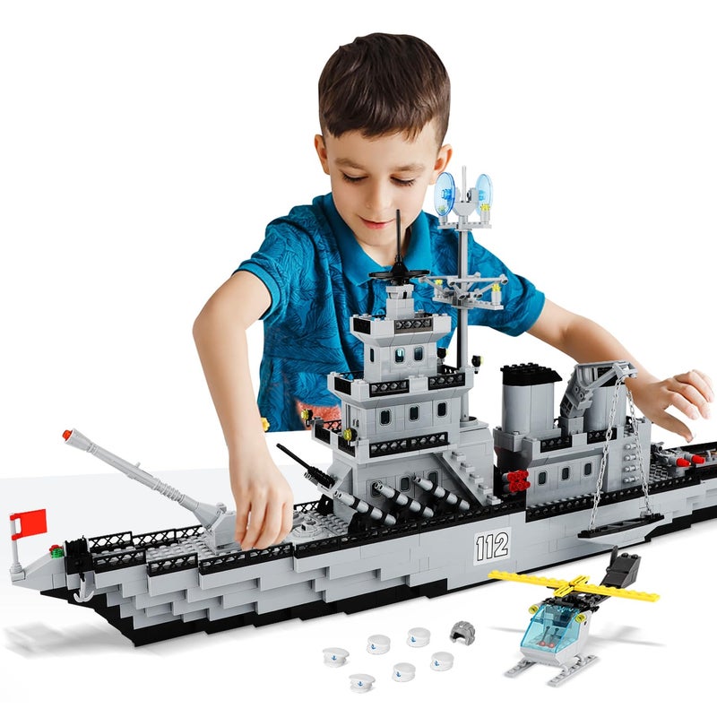 TOY PLAYER WW2 Military Battleship Building Block Set LargeSizedCruiser Toy Military Battle Ship Toy with Helicopter and City Lifeboat A Gift Compatible with Lego Sets for Boys 814 Adults 910pcs - Image 4