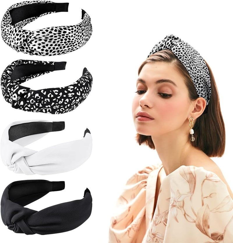 LOPHE 4 Pack Headbands for Women Fabric Hair Bands Wide Fashion Knotted Headband Non Slip Exquisite Solid Color Leopard Elastic Hair Band Accessories Suit for Girls And WomenB