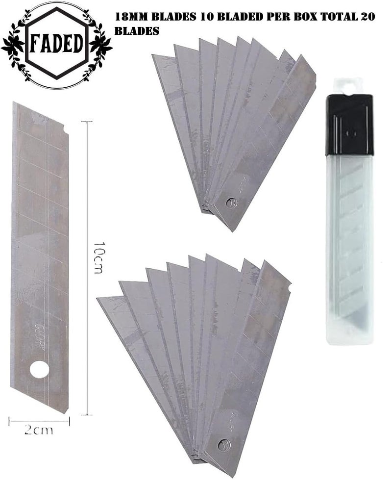 Faded 3pc Stainless Steel 18mm Utility Cutter Set with 20 Replacement Blades – Heavy-Duty Snap-Off Knives for Precise Cutting – Ideal for Office, Craft, DIY, and Packaging Use - Image 2