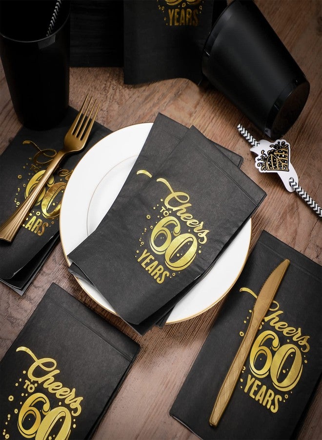 Geyee 200 Pcs 50th/60th/70th Birthday Napkins Cheer to 50/60/70 Years Disposable Black and Gold Dinner Party Napkin for Men Women Anniversary Decoration(60th Birthday) - Image 2