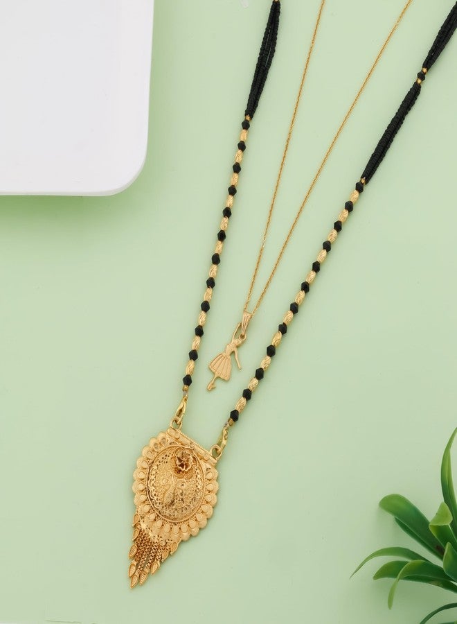 MALKYN Women's Gold Plated Peacock Motif Mangalsutra with Enamel Work and Ballerina Pendant Layered Necklace Set, Traditional Black Beaded Indian Jewelry for Festive Occasions-MD-117 - Image 2