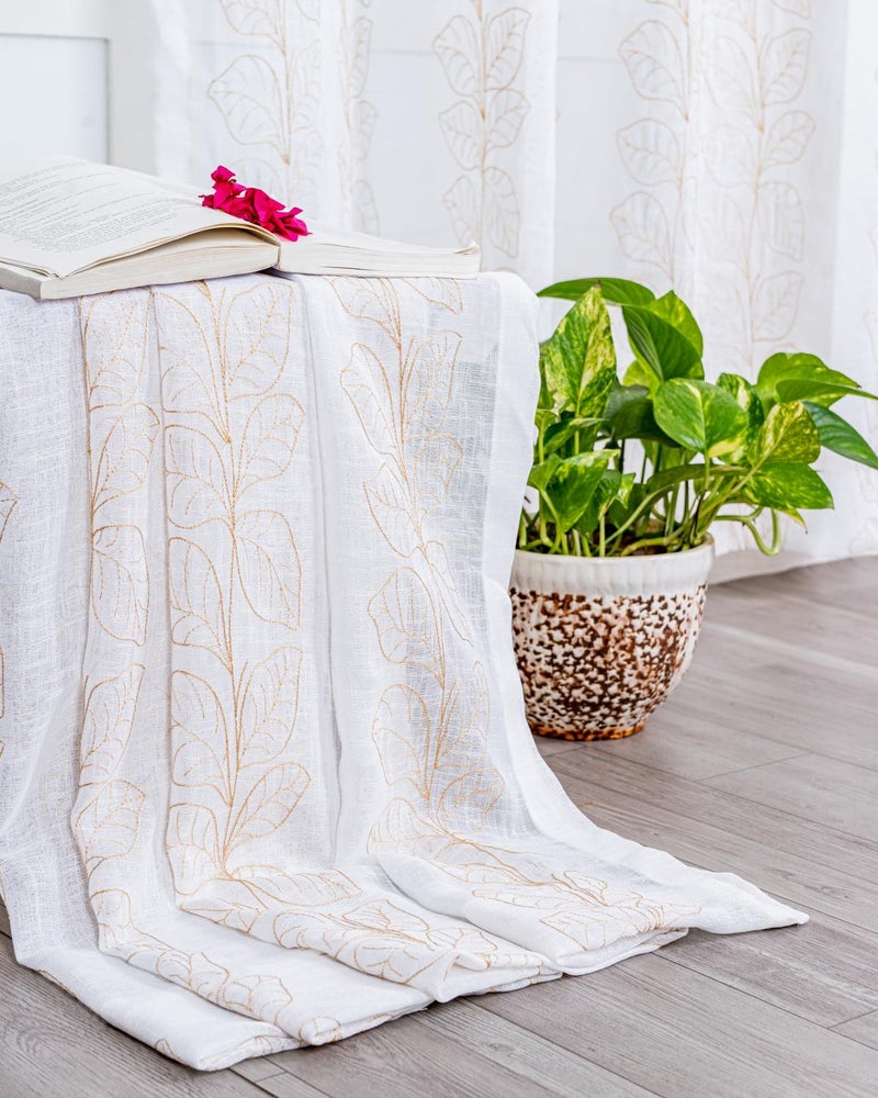 Parda Online Premium Linen Embroidered Curtain with Leafy Golden Pattern - 7ft (Pack of 2) - Image 5